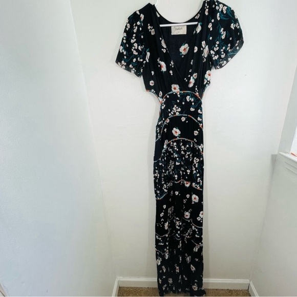 BA&SH Blush Noir Black Floral Side Cut Out Short Sleeve Maxi Dress 0 - Picture 4 of 4